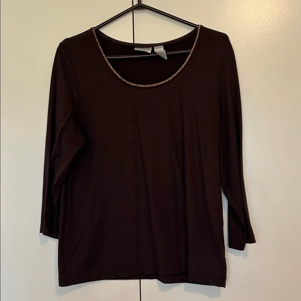 Chico’s Women's Brown 3/4 Long-Sleeve Scoop Neck Top size 2 - Picture 1 of 8